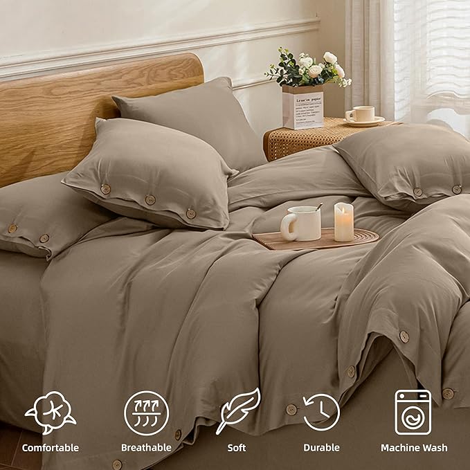 JELLYMONI Cotton Duvet Cover Cal King Size - Khaki Comforter Cover with Button 100% Washed Cotton 3PCS Breathable Soft Solid Bedding Set Duvet Cover 104×98in & 2 Pillowcases (NO Comforter)