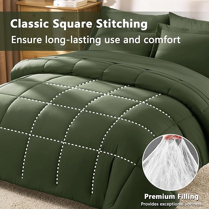 CozyLux Full Size Comforter Sets Olive Green - 7 Pieces Bed in a Bag Full, Oeko-Tex Certified Bed Set, All Season Soft Bedding Set with Down Alternative Comforter, Sheets, Pillowcases & Pillow Shams