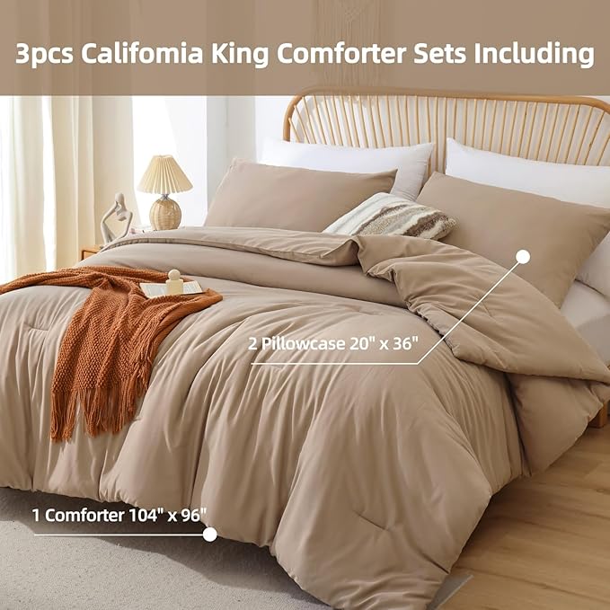 ROSGONIA California King Comforter Set Taupe Brown, 3pcs (1 Boho Tan Cal King Comforter & 2 Pillowcases), Soft Bedding Lightweight Bedspread Blanket
