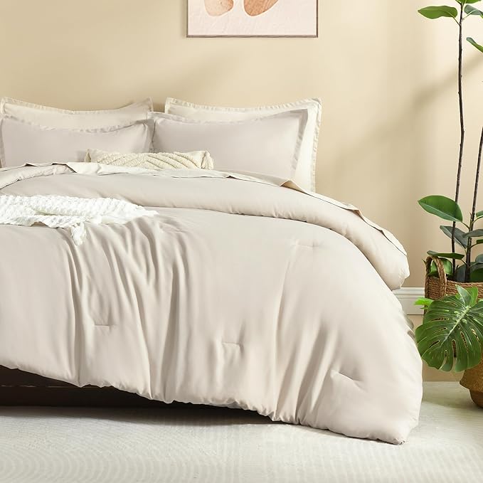 Litanika Comforter Set, Lightweight Solid Bedding Comforter Set, Fluffy Down Alternative Bed Set, Oatmeal, King
