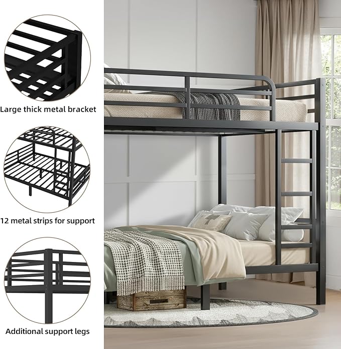 Twin XL Over Twin XL Bunk Bed, Metal Bunk Bed Frame Heavy Duty Bunk Beds Loft Bed Frame with Ladder and Guardrail Metal Slats No Box Spring Required for Adults Teens, Black