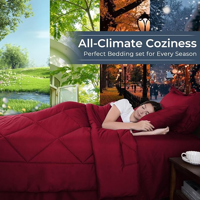 HEVUMYI Red Queen Comforter Set - 7-Piece All Season Bed in a Bag Queen, Ultra Soft Bedding Set with Comforter, Flat Sheet, Fitted Sheet, Pillowcases, Pillow Shams