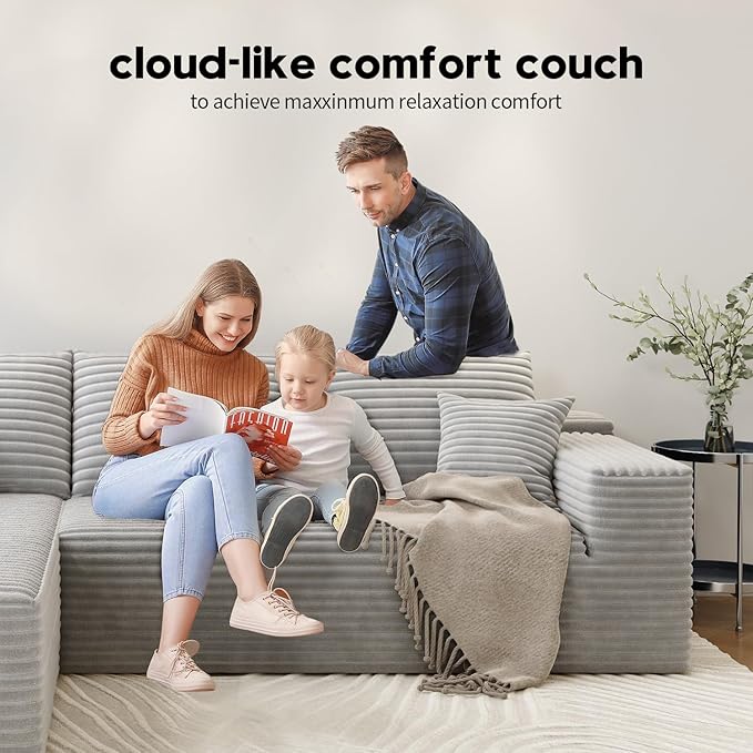 139.4" Modular Sectional Sofa, L-Shaped Minimalist Couches with Middle Seat Chaise, Modern Deep Seat Convertible Sleeper Sofa,Cloud Plush Corduroy Fabric, No Assembly Required, 5 Seater, Grey