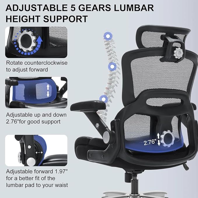 Ergonomic Office Chair:PU Leather Executive Office Computer Desk Chair with High Back Mesh and Adjustable Lumbar Support Rolling Work Swivel Task Chairs Home Meeting Computer Gaming Desk Chair-500Lbs