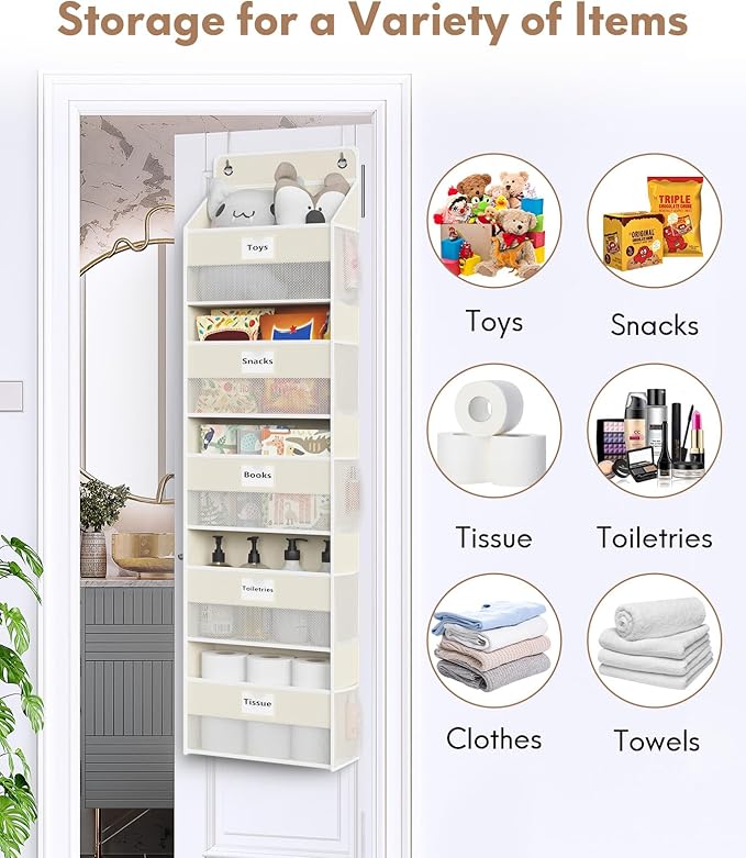 Over The Door Organizer Hanging, 2 Pack 5 Shelf Behind The Doors Storage, Pantry Door Organizer, Closet Organizers for Bedroom and Nursery (Beige)