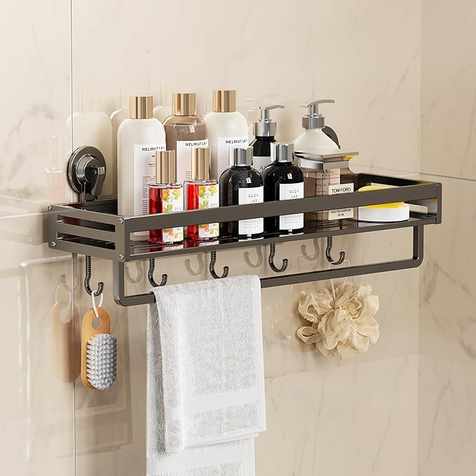 Shower Caddy Suction Cup,15.7 inch Suction Shower Shelf with Hooks NO-Drilling Bathroom Holder, Rustproof Bathroom Organizer, Dark Grey