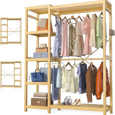 Homykic Bamboo Clothes Rack Garment Rack for Hanging Clothes, Heavy Duty Clothing Rack with 7 Tiers Adjustable Shelves, Double Rods, 4 Hooks, Freestanding Closet System Organizer Wardrobe, Natural