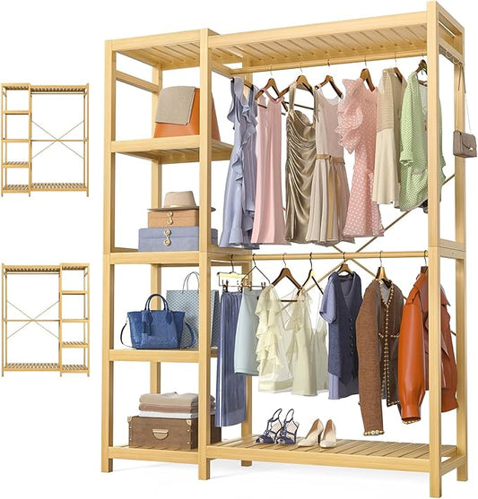 Homykic Bamboo Clothes Rack Garment Rack for Hanging Clothes, Heavy Duty Clothing Rack with 7 Tiers Adjustable Shelves, Double Rods, 4 Hooks, Freestanding Closet System Organizer Wardrobe, Natural