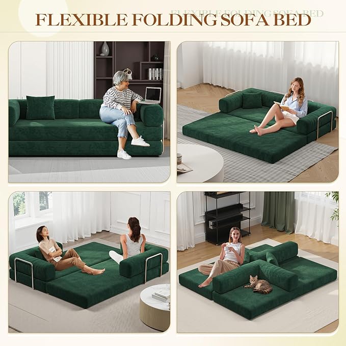 Antetek Convertible Futon Sofa Bed, 3-Seater Modern Corduroy Foam Floor King Size Bed Fold Out Sleeper Lounge Loveseat Sofa Couch with 2 Throw Pillows for Living Room Bedroom Guest Room, Turquoise