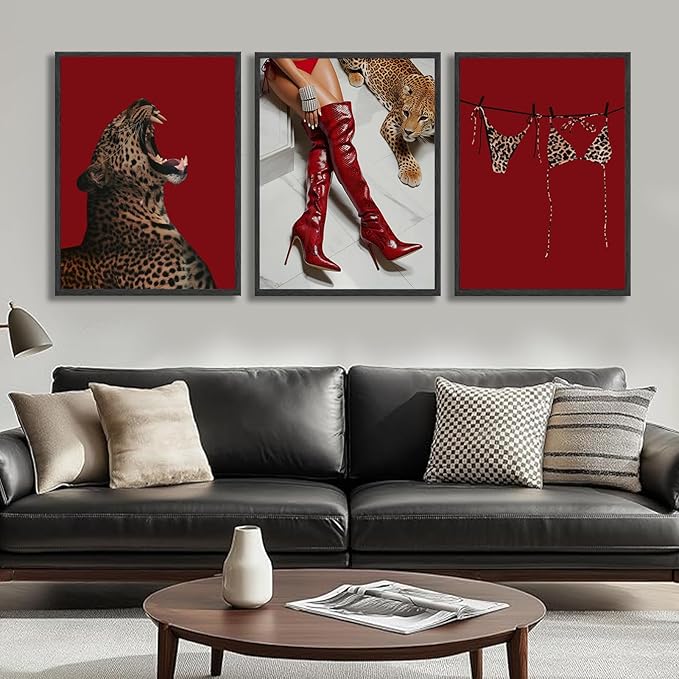 XLYFVLGF 3Pcs Red Fashion Leopard Wall Art Cheetah Wall Decor Pictures Stylish long boots print Bikini Painting Artwork for Living Room Bedroom Bathroom Corridor Home Decoration 12x16in Poster
