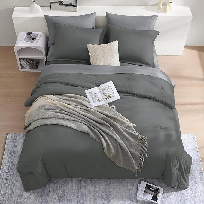WRENSONGE King Size Comforter Set- 7 Pieces Soft Grey Bed in a Bag with Fitted Sheet, Flat Sheet, 2 Pillow Shams, and 2 Pillowcases- Warm Bedding Set for All Season