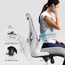 Office Home Ergonomic Desk Chair-Computer X-Shaped Chair Mesh PU Leather with Adjustable Lumbar Support-Executive Chair High Back Flip-Up Arms for Long Hours (White-Grey-No Headrest)