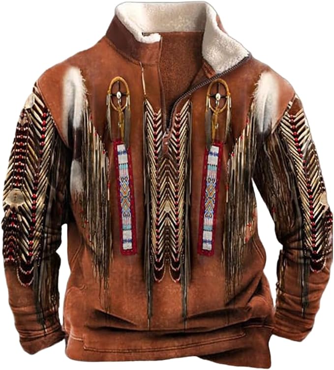 Western Sweatshirts for Men Aztec Cowboy Vintage Graphic Fleece Hoodie Mens Quarter Zip Pullover Country Jacket