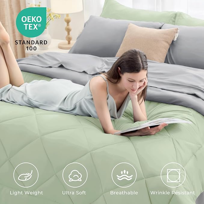 HEVUMYI Full Comforter Set - 7-Piece All Season Bed in a Bag Full, Ultra Soft Bedding Set with Comforter, Flat Sheet, Fitted Sheet, Pillowcases, Pillow Shams, Sage Green & Light Grey