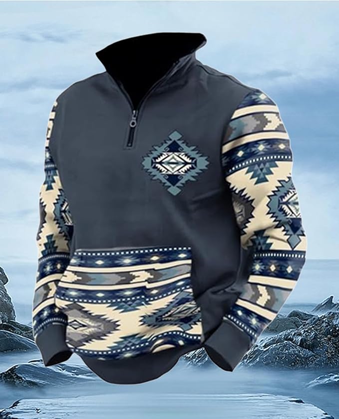 Western Sweatshirts for Men Aztec Cowboy Vintage Graphic Fleece Hoodie Mens Quarter Zip Pullover Country Jacket