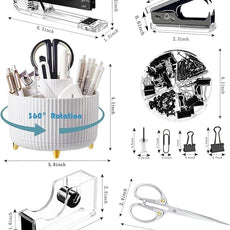 Desk Organizers and Accessories Set with 360-Degree Rotating Pen Holder, Acrylic Stapler, Tape Holder, Staple Remover, Binder/Paper Clips Kit, Scissor and 1 Box of Staples