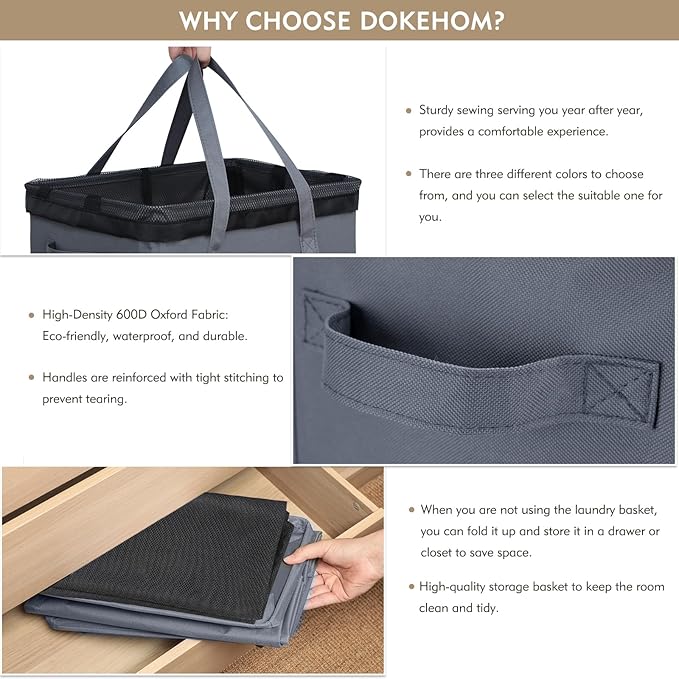 DOKEHOM 90L X-Large Laundry Basket with Removable Wash Bag on Wheels, Collapsible Rolling Laundry Hamper, Foldable Clothes Organizer, Folding Washing Bin (Grey)