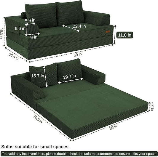 COMAX Convertible Sofa Bed, Folding Floor Couch Corduroy Fold Out Couch Bed Futon Sleeper Mattress with Pillows, Boneless Sofa Comfy Lounge Loveseat for Living Room Bedroom, Green