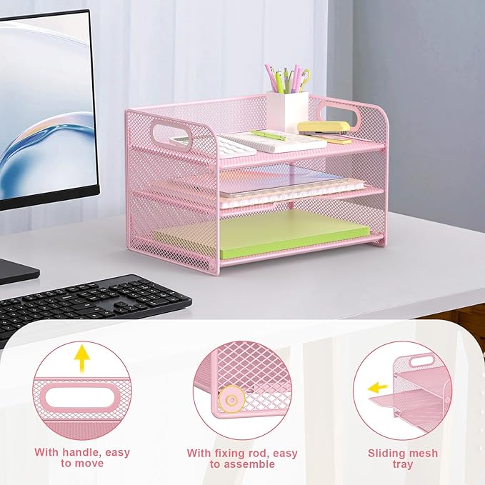 Samstar 3 Tier Pink Letter Tray Paper Organizer with Handle, Mesh Desk Organizer Paper Sorter File Rack Shelves, Pink