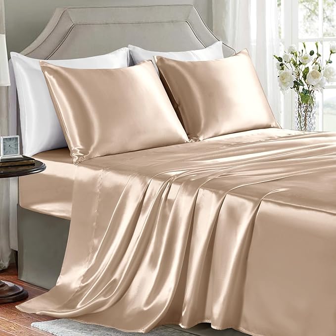 Satin Sheets Full Size - 4 Pieces Luxury Silky Soft Bed Sheets, Wrinkle-Free Champagne Satin Silk Sheet Set with 1 Deep Pocket Fitted Sheet, 1 Flat Sheet, 2 Pillow Cases