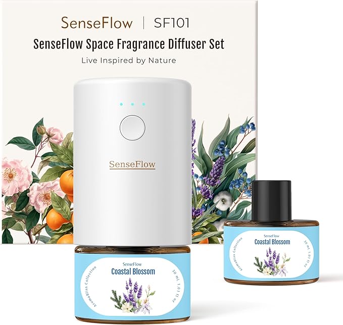 SF101 Pro Waterless Plug-In Air Freshener, 100% Plant-Based Ultrasonic Diffuser, Adjustable 120-Day Scent Air Mist, Covers 100㎡ for Home, Hotel-Coastal Blossom