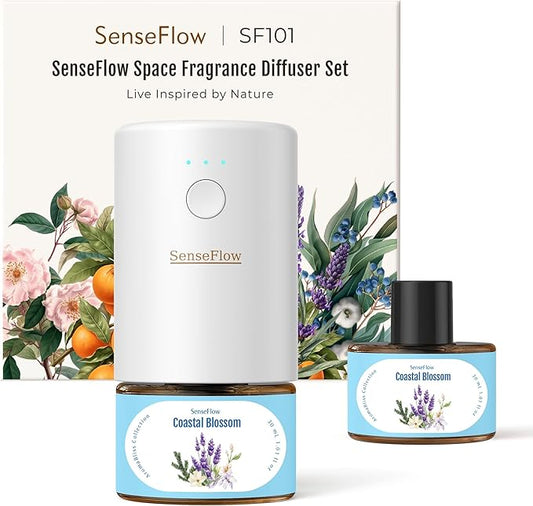 SF101 Pro Waterless Plug-In Air Freshener, 100% Plant-Based Ultrasonic Diffuser, Adjustable 120-Day Scent Air Mist, Covers 100㎡ for Home, Hotel-Coastal Blossom