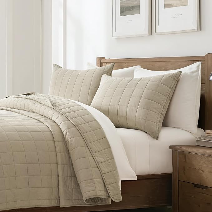 EVERGRACEHOME 100% Cotton Box Stitch Quilt Bedding Set Queen Size 3 Pieces, Garment-Washed Lightweight Soft Cozy Coverlet, Quilted Bedspread Sets with 2 Shams for All Season, Pebble Khaki