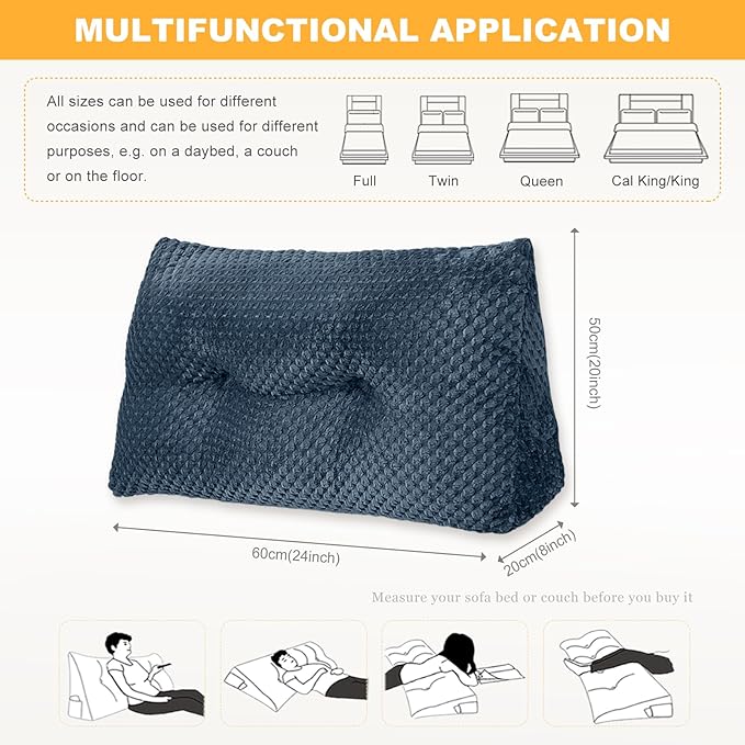 Large Triangular Headboard Wedge Pillow Soft and Supportive Headboard Backrest Positioning Support Bolster Cushion, Bed Wedge Pillow with Removable Cover(Dark Blue,Dorm,24x8x20inch)