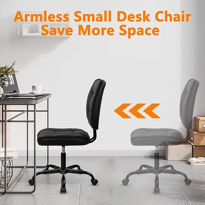 CLATINA Armless Home Office Chair with Lumbar Support and Wheels, Small PU Leather Ergonomic Low Back Desk Chairs No Arms, Adjustable Height 360° Swivel Rolling Computer Task Chair, Black, 2 Pack