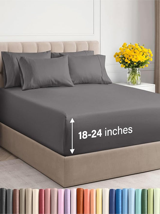 CGK Linens Extra Deep Pocket King Sheets - 4 Piece Breathable & Cooling Bed Sheets - Hotel Luxury Bed Sheet Set - Super Soft, Wrinkle Free and Comfy - Fits Extra Deep Mattresses - Dark Grey Sheets Set