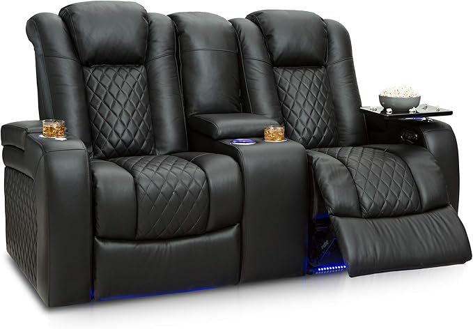 Seatcraft Anthem Home Theater Seating - Italian Leather - Power Recline Loveseat - Center Storage Console - Powered Headrests - Arm Storage - USB Charging - Cup Holders, Black