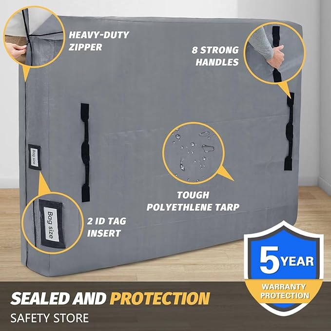 Mattress Bags for Moving and Storage, BETU Queen Mattress Protector Waterproof Mattress Cover with 8 Heavy Duty Handles and Zipper Extra Thick Moving Supplies for Bed Reusable (82x62x13.5 Grey)