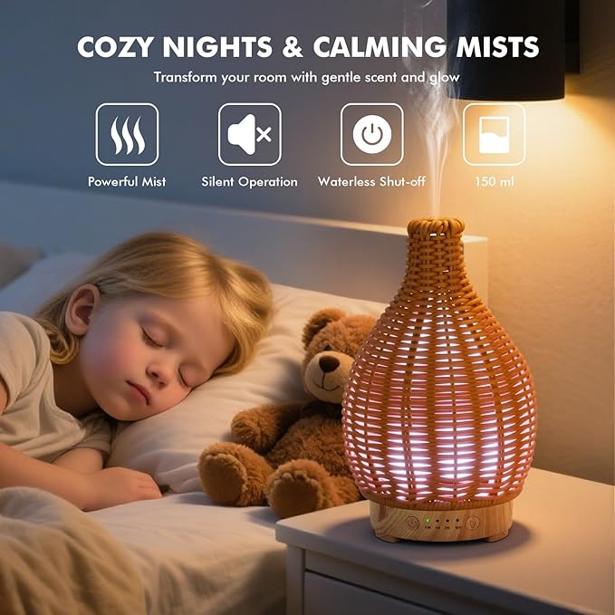 Essential Oil Diffuser Aromatherapy Diffuser-150ml Ultrasonic Fragrance Diffuser Humidifier Whisper Quiet Timer Setting 7 LED Colors Changing Lights for Home Office Decor & Gift (Handwoven)
