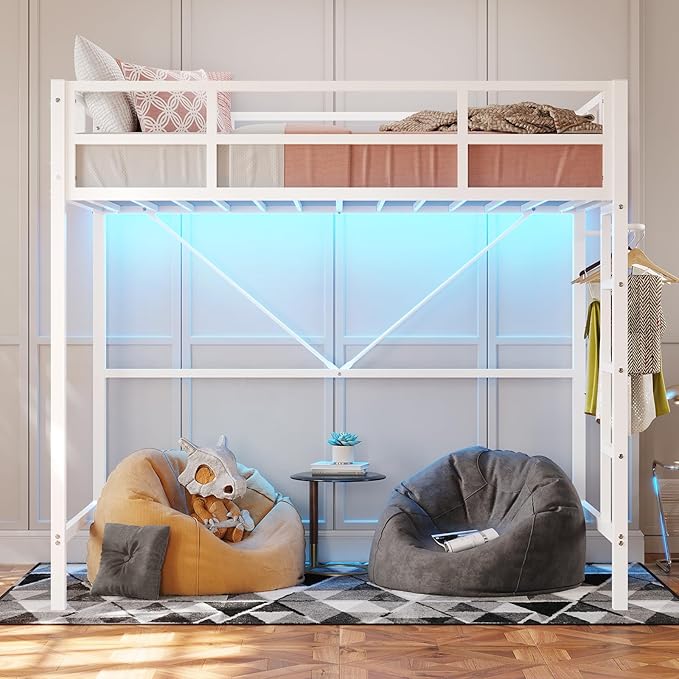 DICTAC Loft Bed Twin Size with Ladder and Guardrail,Metal Twin Loft Bed for Kid/Teen with Led Lights,Small Space Saving Furniture Design for Bedroom,Kid Room and Dorm,No Box Spring Needed, White