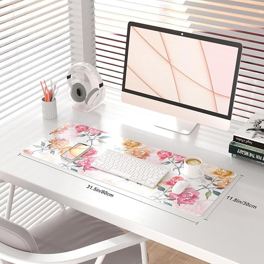 QIYI Floral Mouse Pad, Watercolor Flowers Desk Mat for Desktop, Women Girls Office Décor Accessories, PU Leather Waterproof Gaming Mousepad, Pink Yellow Peonies Desk Pad Computer Mat, 31.5" x 11.8"