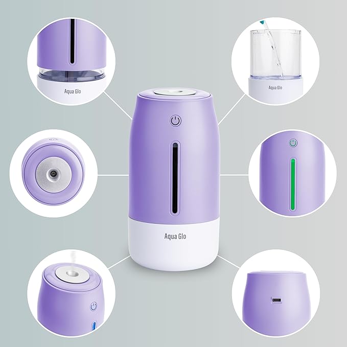 Aqua Glo Personal, Portable Humidifiers for Bedroom – Ultrasonic Cool Mist Humidifier with Built In Rechargeable Battery. Air Humidifier for Baby, Plants, Home, Office, Travel. Lavender