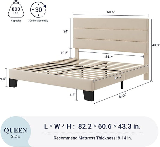 Allewie Queen Size Platform Bed Frame with Velvet Upholstered Headboard and Wooden Slats Support, Fully Upholstered Mattress Foundation/No Box Spring Needed/Easy Assembly, Cream