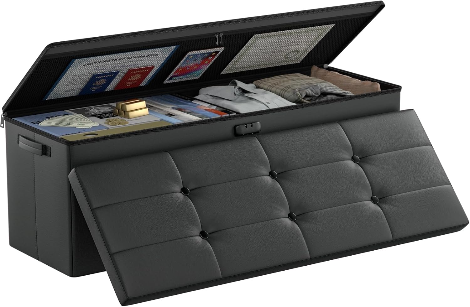 DocSafe Storage Ottoman with Lock,Fireproof Folding Ottoman Foot Rest Stool Storage Chest with Storage Safe for Important Documents,Waterproof 17 Inches Short Ottoman Foot Stool with Handles,Black