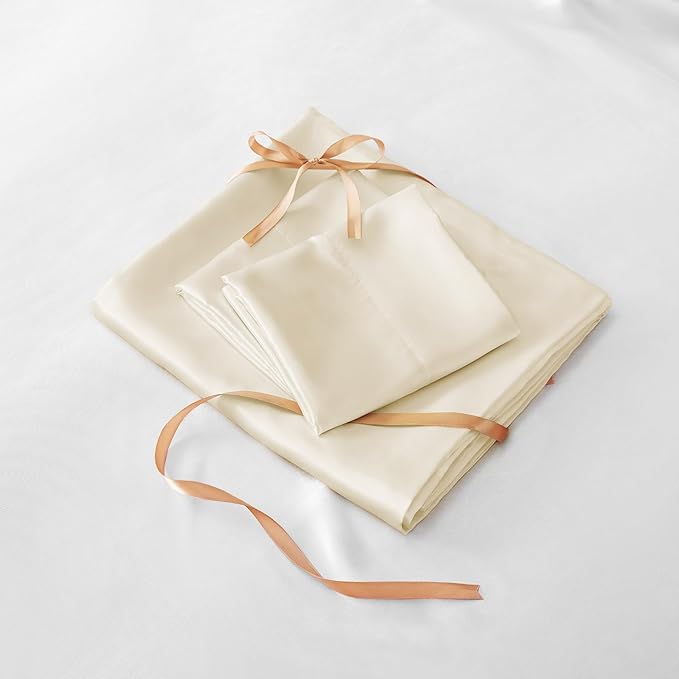 BEDELITE California King Sheets Set, Luxury Soft Beige Satin Sheets for Hair and Skin, Similar to Silk Bed Sheets Set 4 Pieces with 1 Deep Pocket Fitted Sheet, 1 Flat Sheet, and 2 Pillowcases