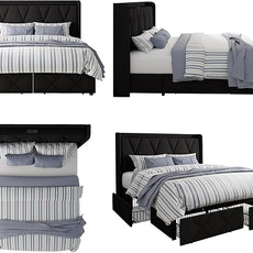 Full Size Bed Frame with 4 Large Storage Drawers, Upholstered Platform Bed with Charging Station, Modern Wingback Storage Headboard, Easy Assembly,Noise-Free, Black