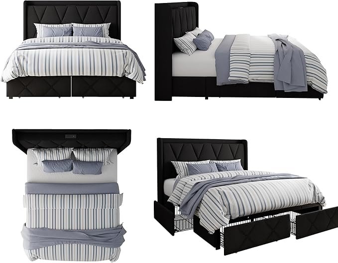 Full Size Bed Frame with 4 Large Storage Drawers, Upholstered Platform Bed with Charging Station, Modern Wingback Storage Headboard, Easy Assembly,Noise-Free, Black