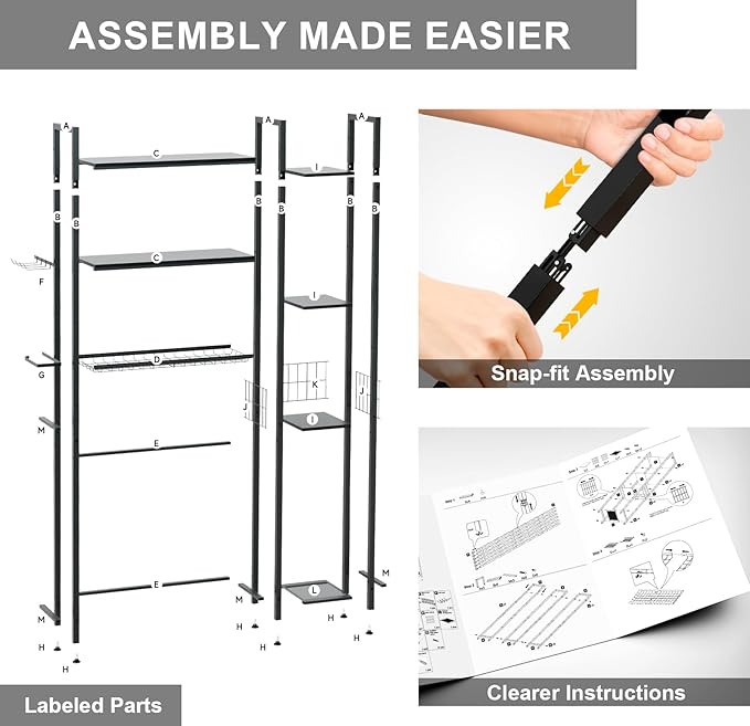 31.5" Wide Over The Toilet Storage, Solid Wood Over Toilet Bathroom Organizer with Paper Holder, Hooks, Side Shelf, 7-Tier Metal Over Toilet Shelves Rack for Laundry, Dorm Room, Balcony, Black