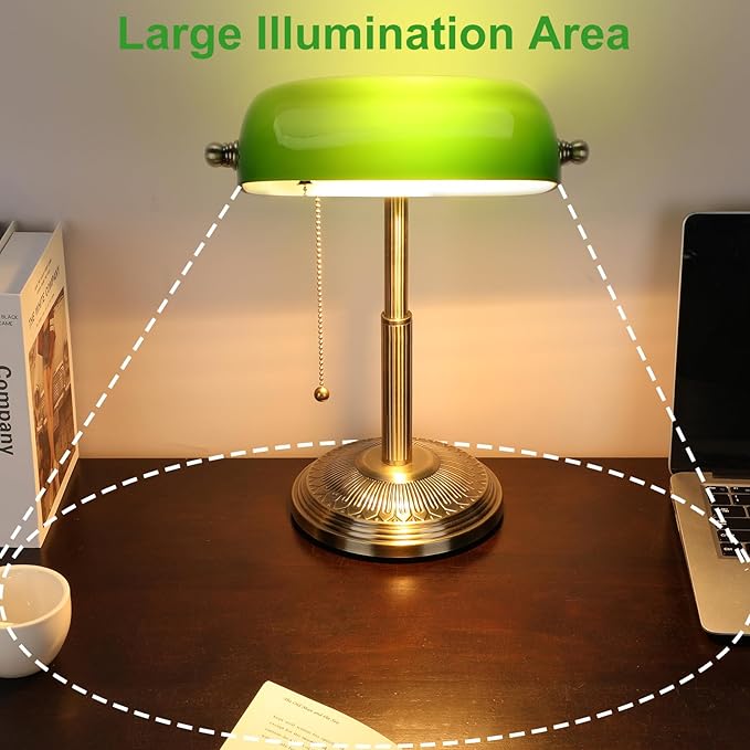 LINNMON Bankers Desk Lamp, Green Retro Lamp, Vintage Lamp with Pull Chain Switch for Home Office (Brass+Green)