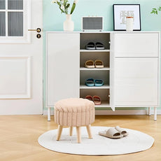 Wimarsbon Storage Ottoman,Soft Faux Fur Footstool with Padded Seat, Small Reading Vanity Chair, Footrest with Wood Tray for Couch, Mini Coffee Table or Display Stand (Beige, Round Storage)