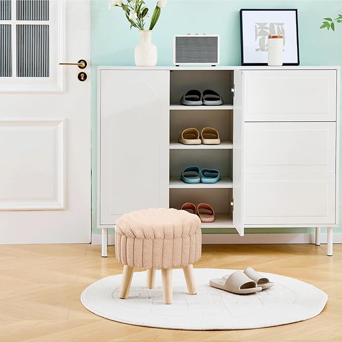 Wimarsbon Storage Ottoman,Soft Faux Fur Footstool with Padded Seat, Small Reading Vanity Chair, Footrest with Wood Tray for Couch, Mini Coffee Table or Display Stand (Beige, Round Storage)