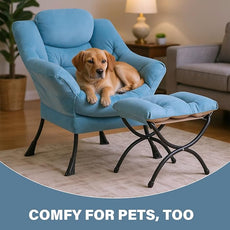 Tiita Lazy Chair with Ottoman, Modern Large Accent Lounge Armchair, Comfy Leisure Sofa Reading Chair with Footrest for Bedroom, Living Room, Dorm Rooms, Garden and Courtyard, Velvet Light Blue