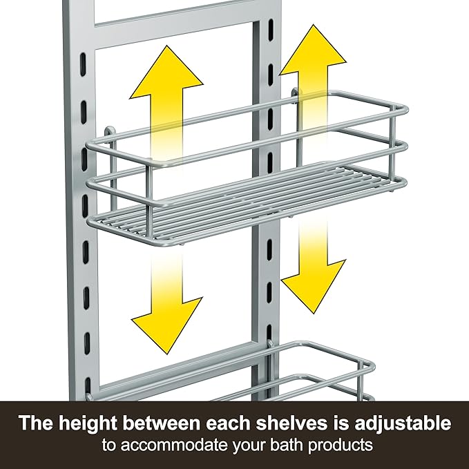 Orimade Adjustable Anti-slip Shower Caddy over Shower Head, Rustproof Bathroom Hanging Organizer with 2 Hooks for Razor, No Drilling Shelves Storage Rack 2 Tier, Light Grey
