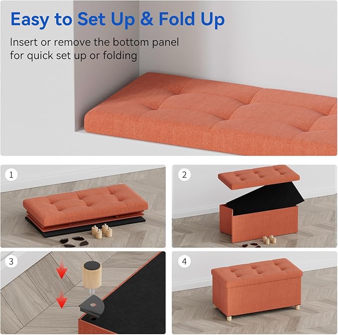 BRIAN & DANY 30 Inches Folding Storage Ottoman Bench, Ottoman with Storage Bench for Bedroom, Living Room, Entryway, Foot Rest with Legs, Orange