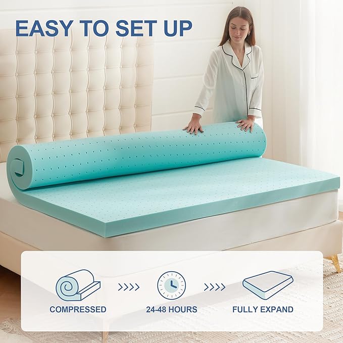 2 Inch Memory Foam Mattress Topper Twin XL, Mattress Pad Gel Infused Foam Bed Topper, Ventilated Soft Blue,Twin XL Size
