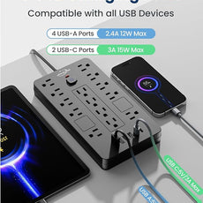 Surge Protector Power Strip-14 Outlets and 6 USB Ports, 10 Feet Flat Plug Extension Cord, 1850 Joules, Black, ETL Listed for Home, Office, Dorm Room